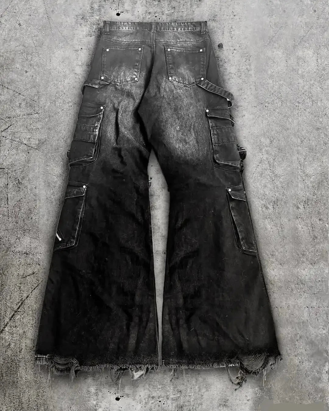 Streetwear Goth Punk Multi-Pocket Cargo Jeans Mens Black Distressed Flared Denim Pants with Straps Zippers Studs Frayed Edges