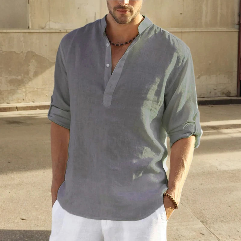 Casual Cotton Linen Men Shirt Long Sleeve Blouse