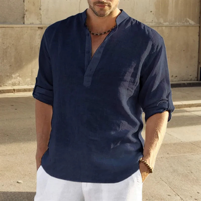 Casual Cotton Linen Men Shirt Long Sleeve Blouse