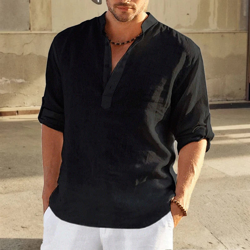 Casual Cotton Linen Men Shirt Long Sleeve Blouse