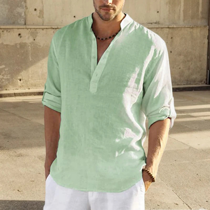 Casual Cotton Linen Men Shirt Long Sleeve Blouse