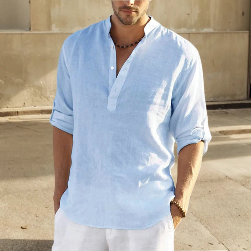 Casual Cotton Linen Men Shirt Long Sleeve Blouse