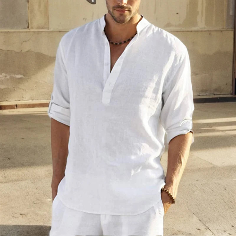 Casual Cotton Linen Men Shirt Long Sleeve Blouse