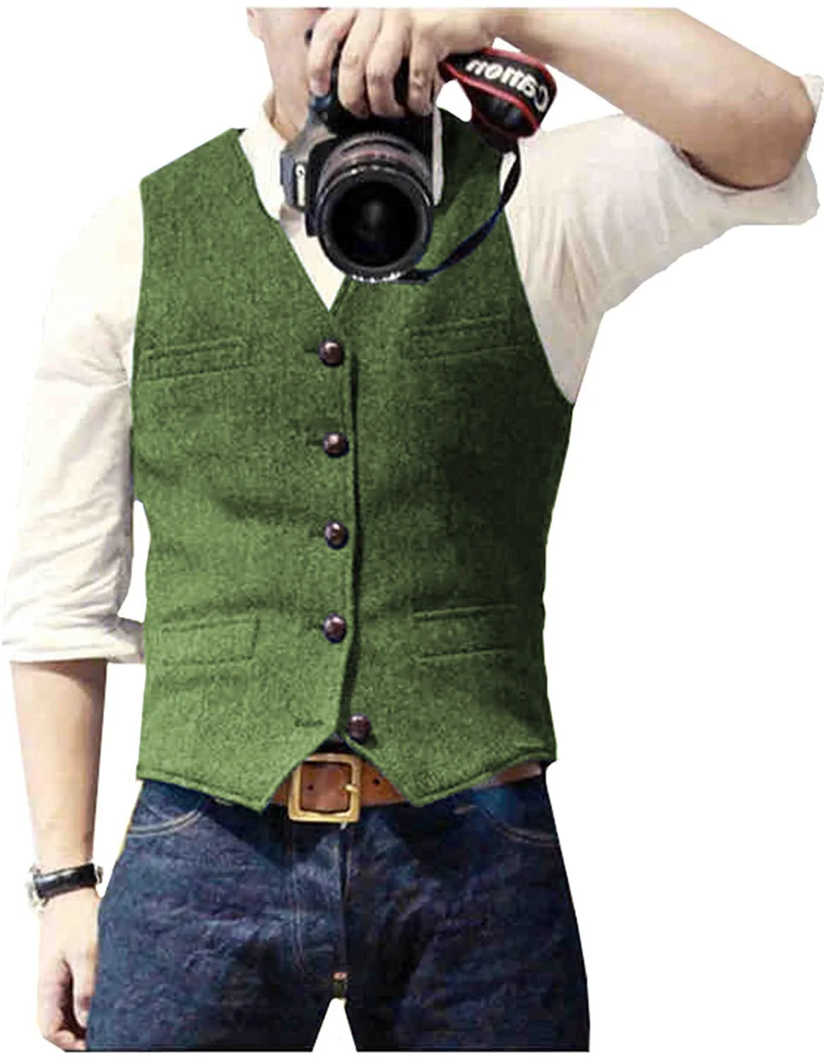 Men's Herringbone Tweed V Neck Slim Fit Vest for Weddings