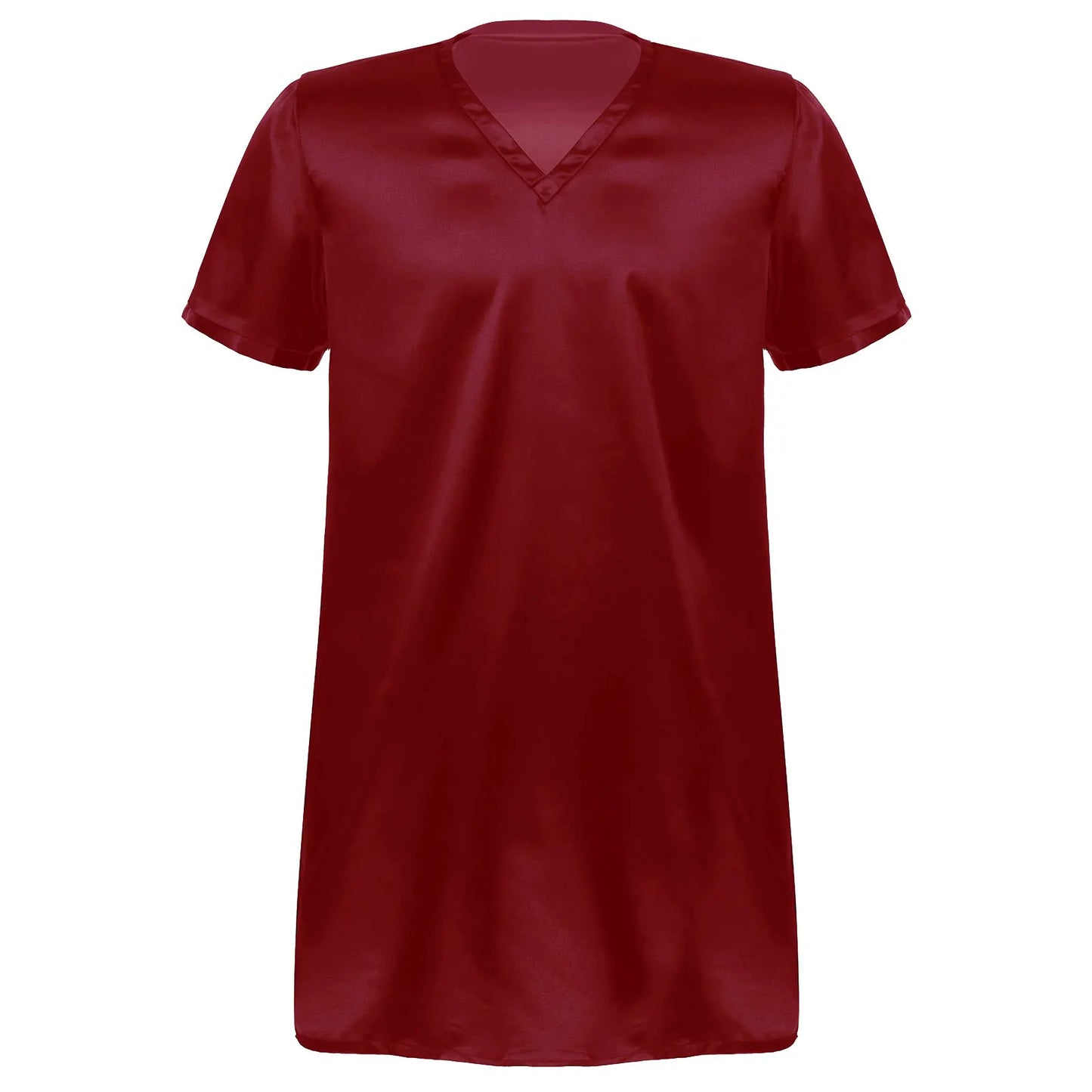 Men Satin Pyjama Sleep Tops Nightshirts Adult Summer Soft Solid Color V Neck Short Sleeve Sleepwear Casual Home Wear Nightwear