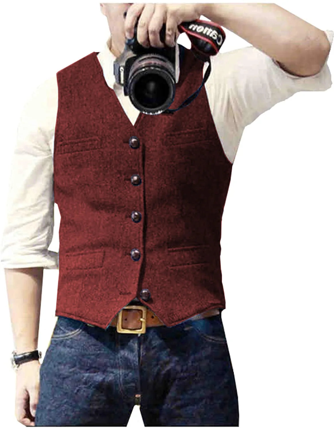 Men's Herringbone Tweed V Neck Slim Fit Vest for Weddings
