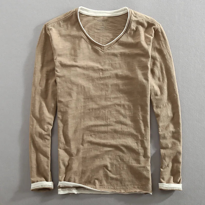 NONE 2026 + Fashion Men's T Shirt Vintage V-Neck Long Sleeve T-Shirt
