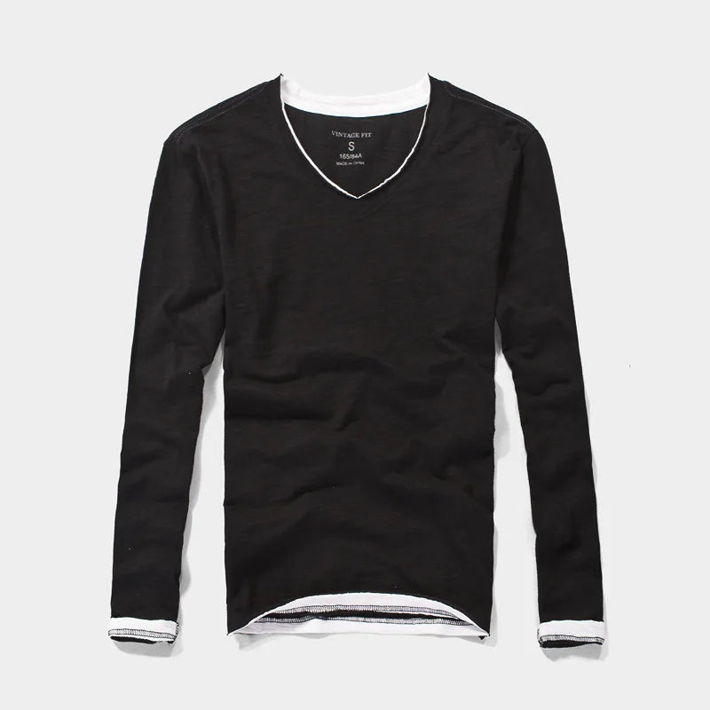 NONE 2026 + Fashion Men's T Shirt Vintage V-Neck Long Sleeve T-Shirt