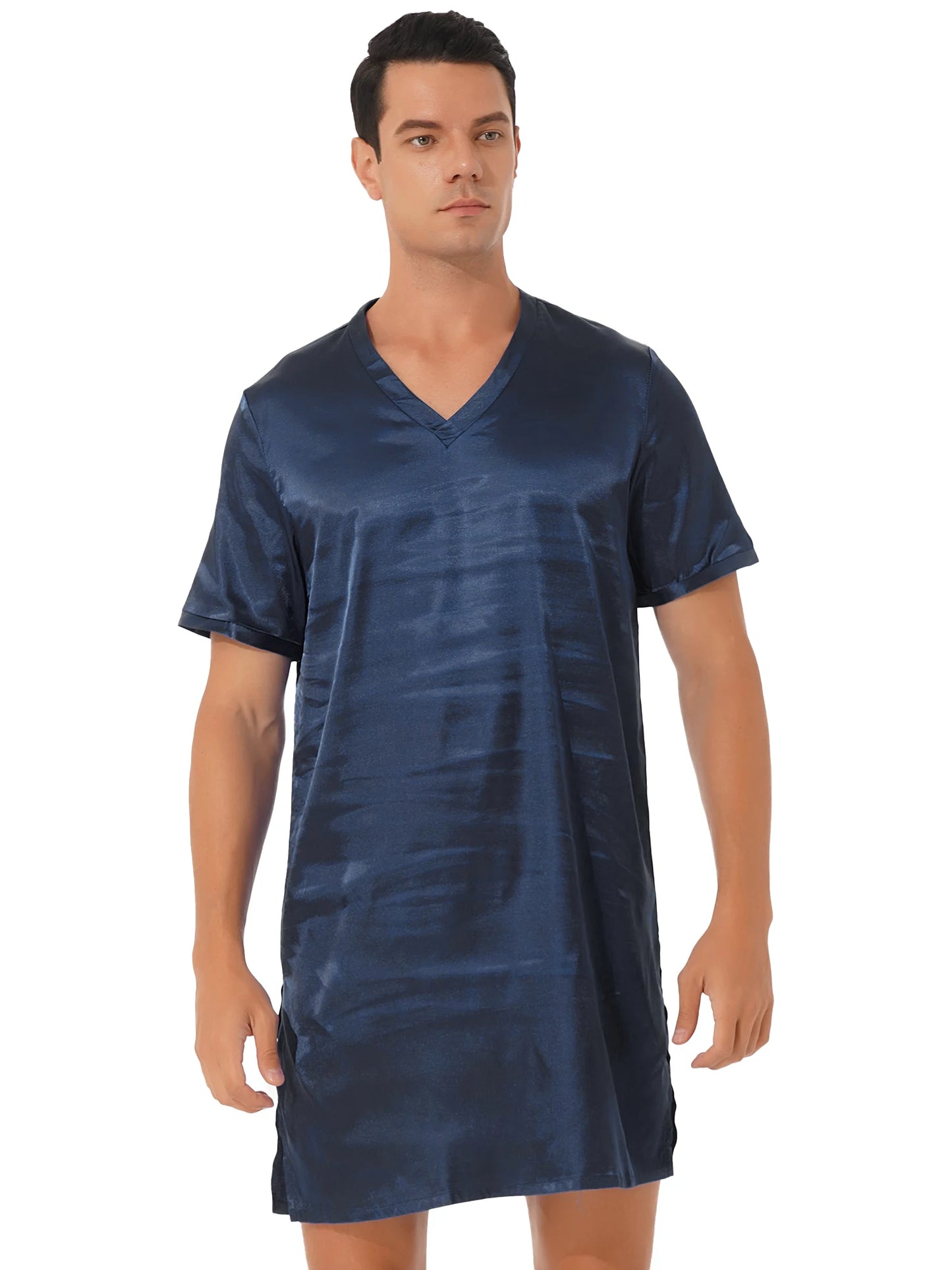 Women Men Silk Satin Pajamas Sleepwear Short Sleeves Nightshirt Kimono Bathrobe Sleep Gown Robe Summer Nightgown Homewear