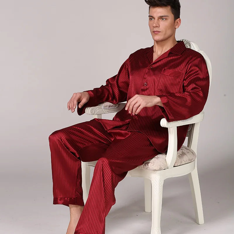 Men's Black Silk Pajamas Set with Long Sleeves