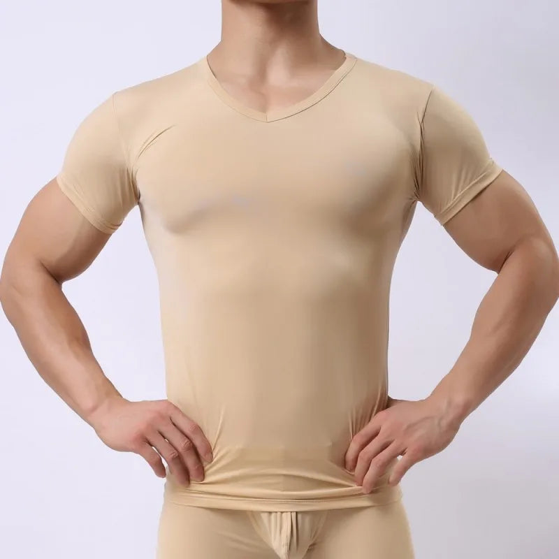 Men Underwear Ultra-thin Ice Silk Transparent Shirts Sleep Bottom Short Sleeves Tops Tee Sleepwear Undershirts Camiseta Interior