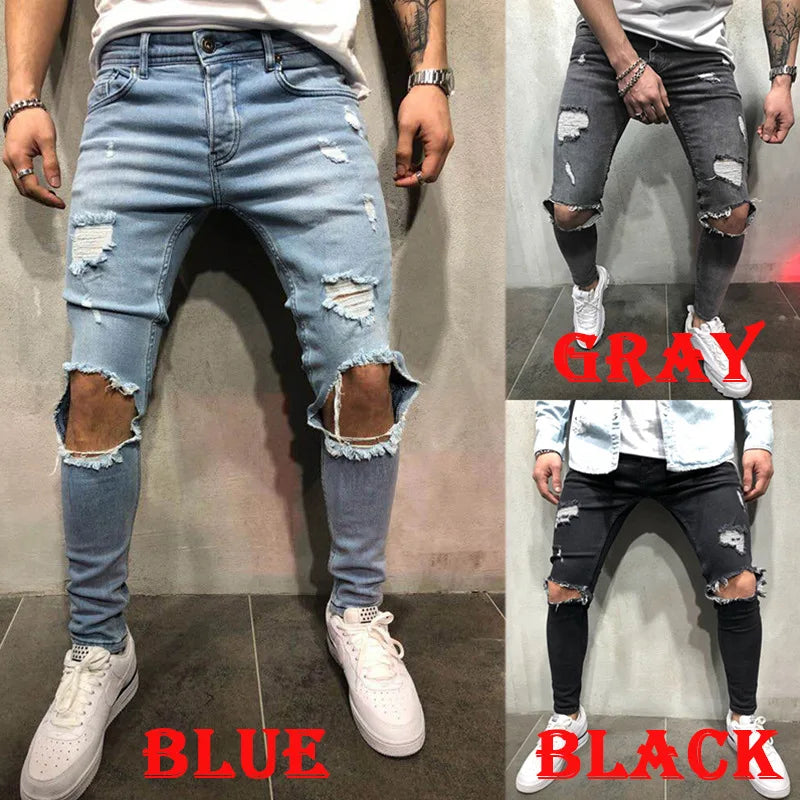 Men's Slim Fit Ripped Jeans in Cotton and Spandex