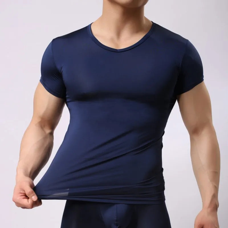 Men Underwear Ultra-thin Ice Silk Transparent Shirts Sleep Bottom Short Sleeves Tops Tee Sleepwear Undershirts Camiseta Interior