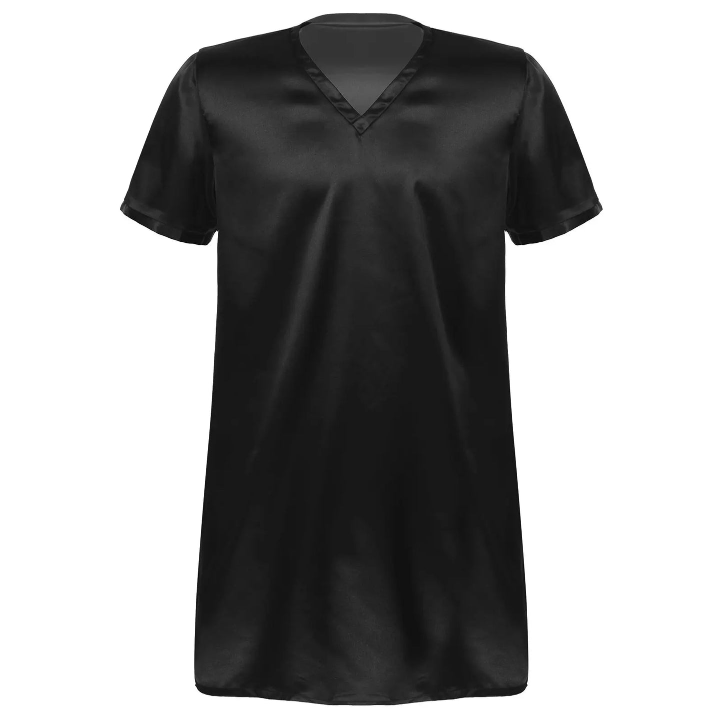 Men Satin Pyjama Sleep Tops Nightshirts Adult Summer Soft Solid Color V Neck Short Sleeve Sleepwear Casual Home Wear Nightwear