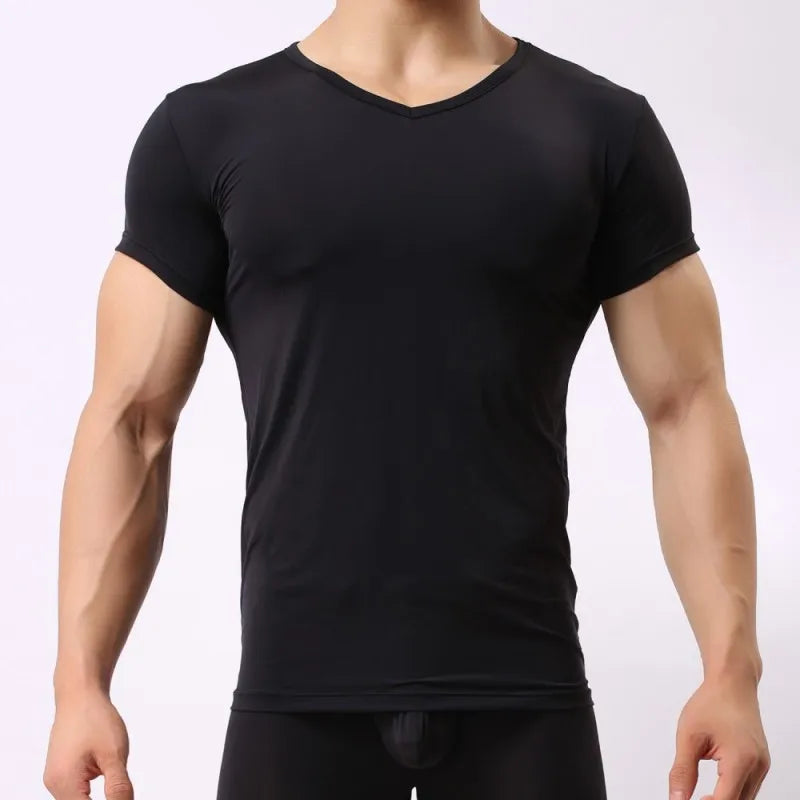 Men Underwear Ultra-thin Ice Silk Transparent Shirts Sleep Bottom Short Sleeves Tops Tee Sleepwear Undershirts Camiseta Interior
