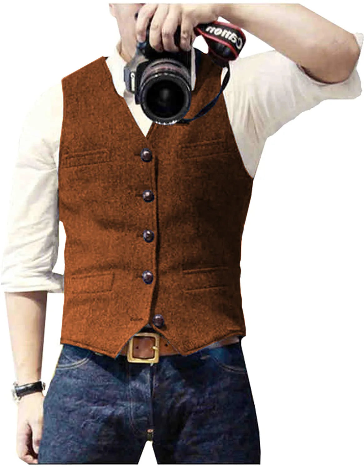 Men's Herringbone Tweed V Neck Slim Fit Vest for Weddings