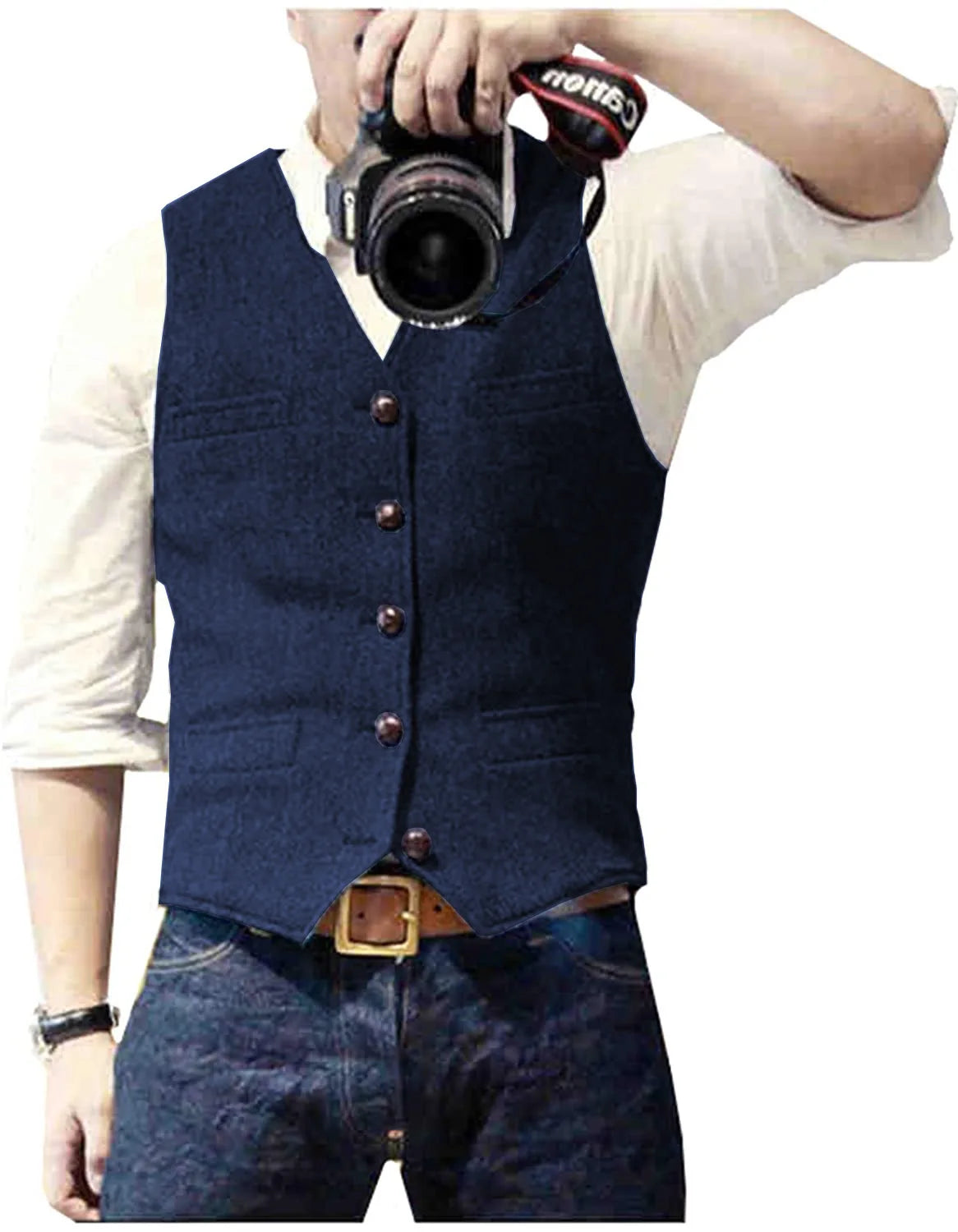 Men's Herringbone Tweed V Neck Slim Fit Vest for Weddings