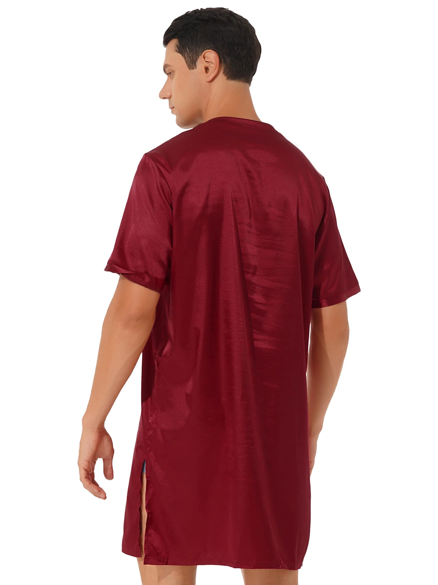 Mens Satin Sleepwear Tops Night Shirt Nightgown Pajamas Dress Short Sleeve Underwear Homewear Sides Split Sleep Tops Nightwear