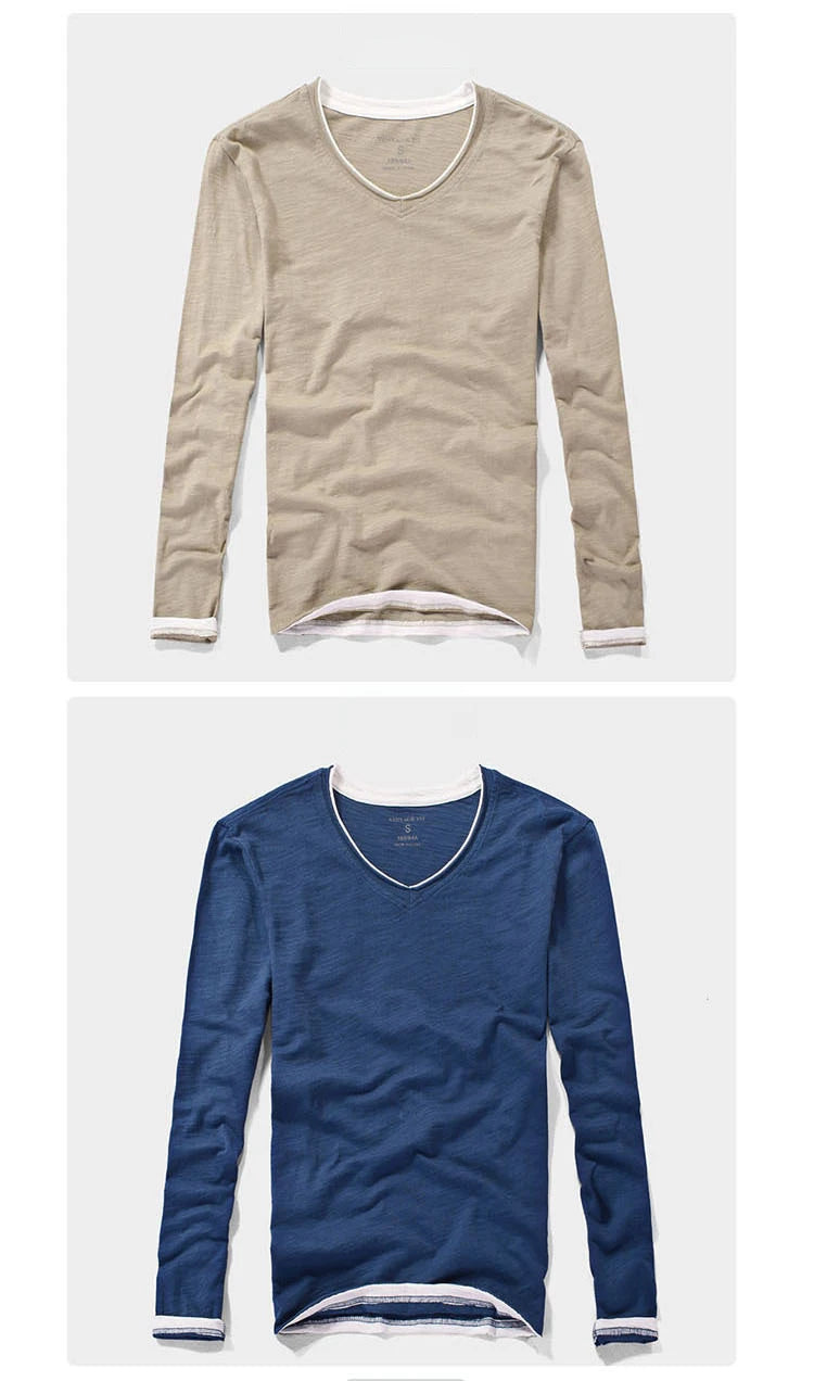 NONE 2026 + Fashion Men's T Shirt Vintage V-Neck Long Sleeve T-Shirt