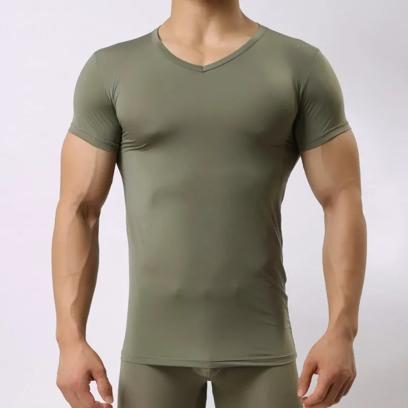 Men Underwear Ultra-thin Ice Silk Transparent Shirts Sleep Bottom Short Sleeves Tops Tee Sleepwear Undershirts Camiseta Interior
