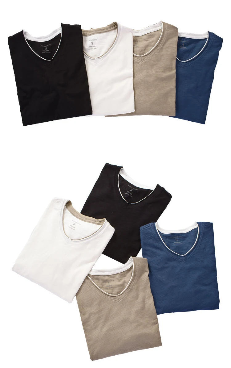 NONE 2026 + Fashion Men's T Shirt Vintage V-Neck Long Sleeve T-Shirt