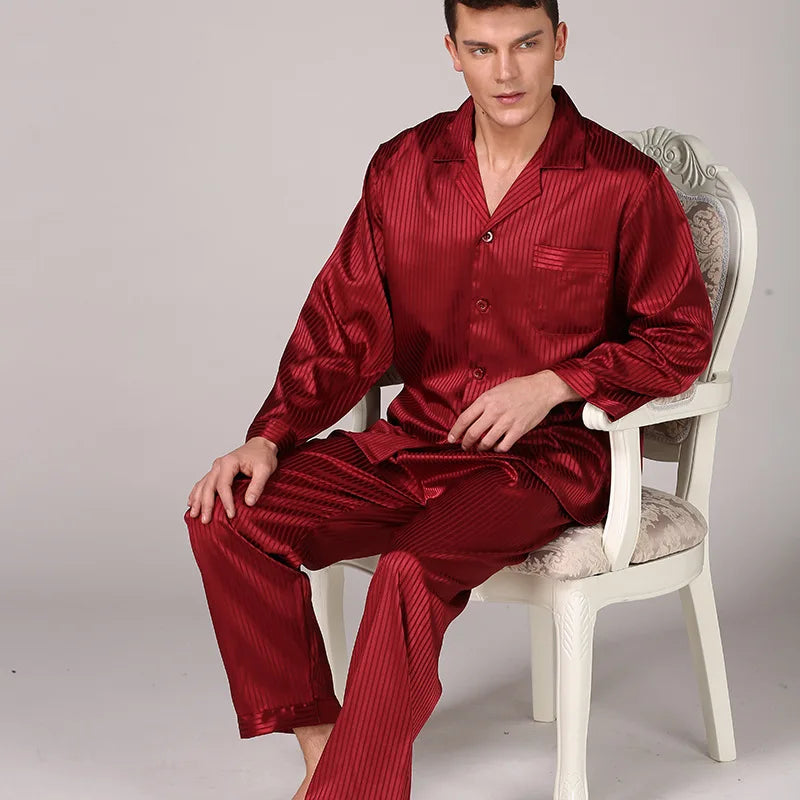 Men's Black Silk Pajamas Set with Long Sleeves