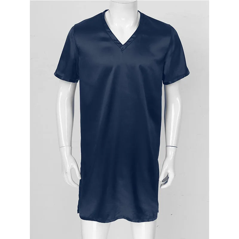 Men Satin Pyjama Sleep Tops Nightshirts Adult Summer Soft Solid Color V Neck Short Sleeve Sleepwear Casual Home Wear Nightwear