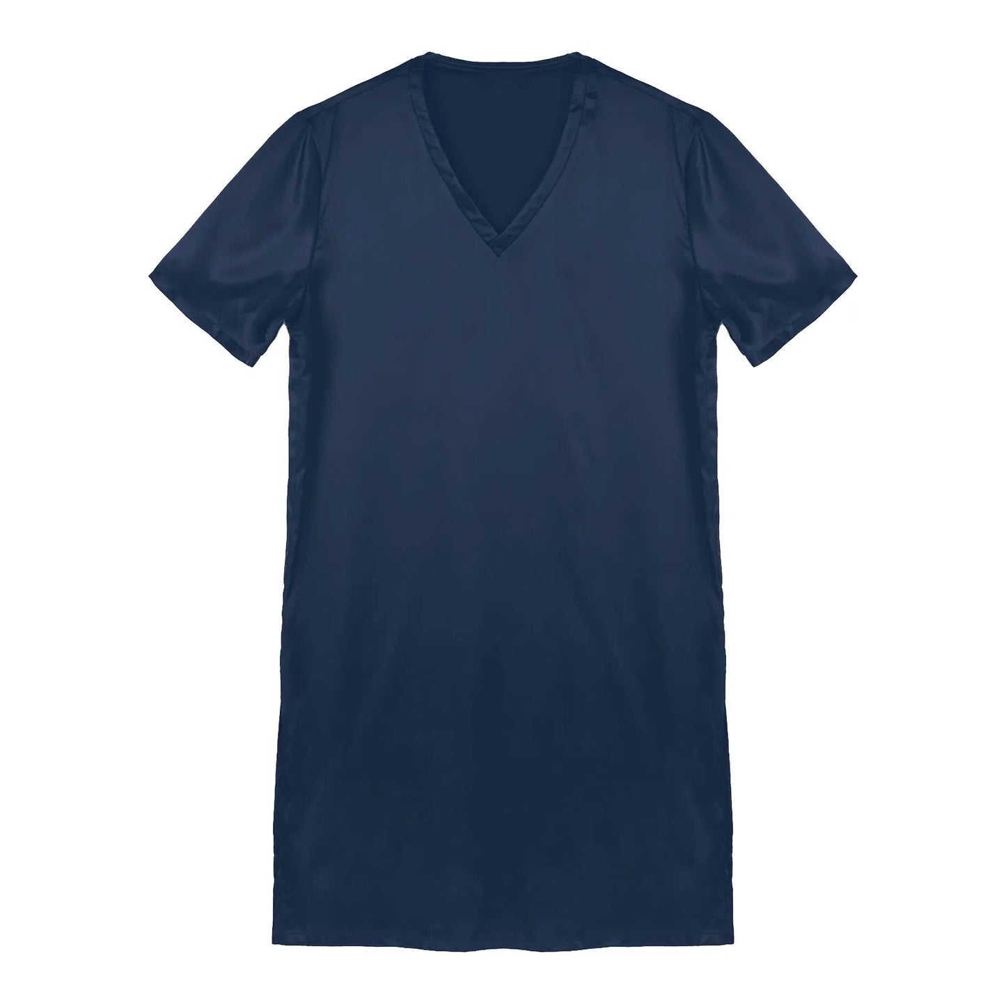 Men Satin Pyjama Sleep Tops Nightshirts Adult Summer Soft Solid Color V Neck Short Sleeve Sleepwear Casual Home Wear Nightwear