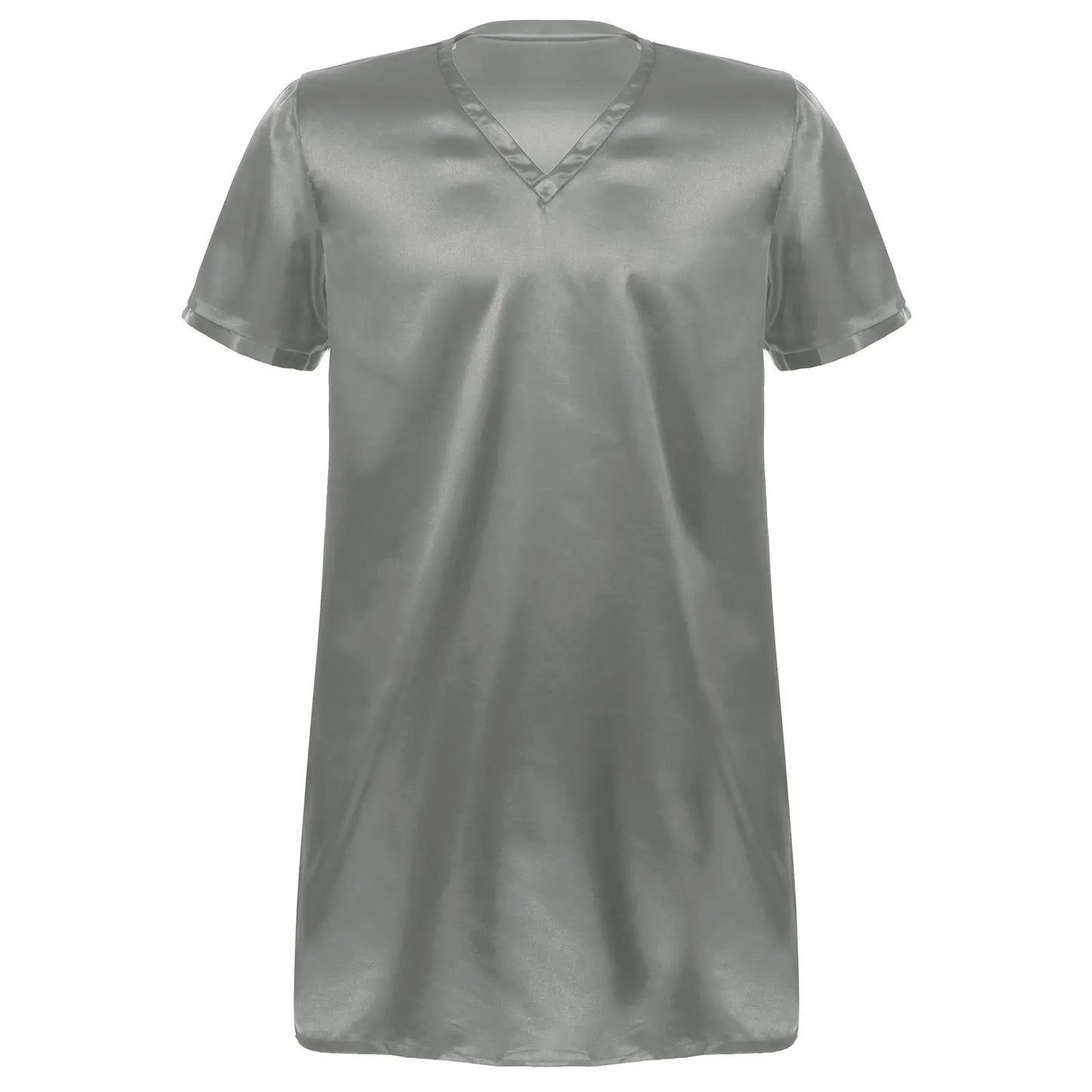 Men Satin Pyjama Sleep Tops Nightshirts Adult Summer Soft Solid Color V Neck Short Sleeve Sleepwear Casual Home Wear Nightwear