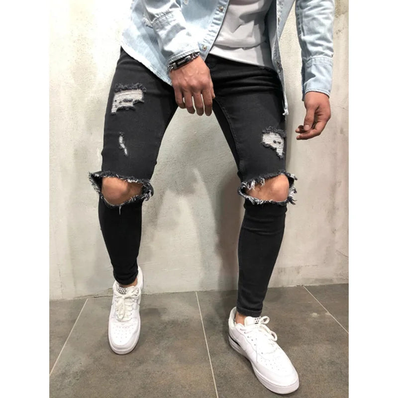 Men's Slim Fit Ripped Jeans in Cotton and Spandex