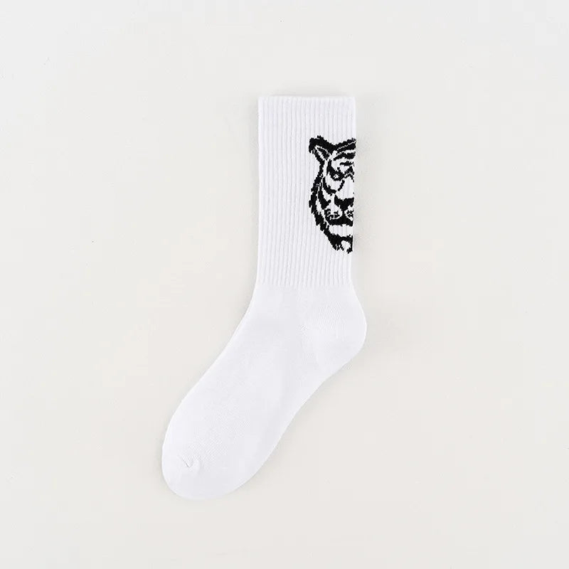 Men's Socks Cotton Animal Print College Style Cartoon Black White Panda Lion Eagle Tiger Wolf Sports Short Socks Hip Hop Man Sox