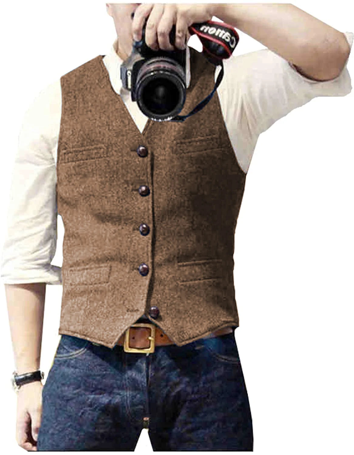 Men's Herringbone Tweed V Neck Slim Fit Vest for Weddings