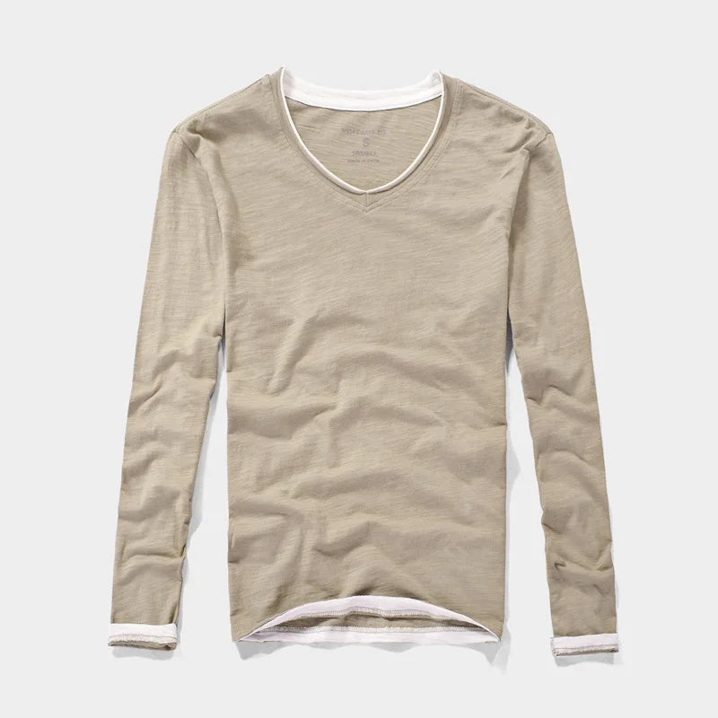 NONE 2026 + Fashion Men's T Shirt Vintage V-Neck Long Sleeve T-Shirt