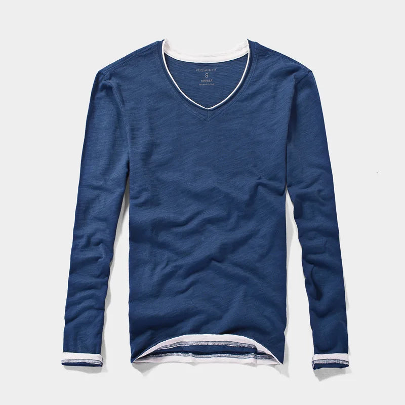 NONE 2026 + Fashion Men's T Shirt Vintage V-Neck Long Sleeve T-Shirt