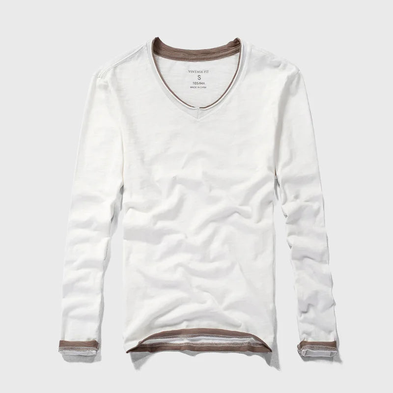 NONE 2026 + Fashion Men's T Shirt Vintage V-Neck Long Sleeve T-Shirt