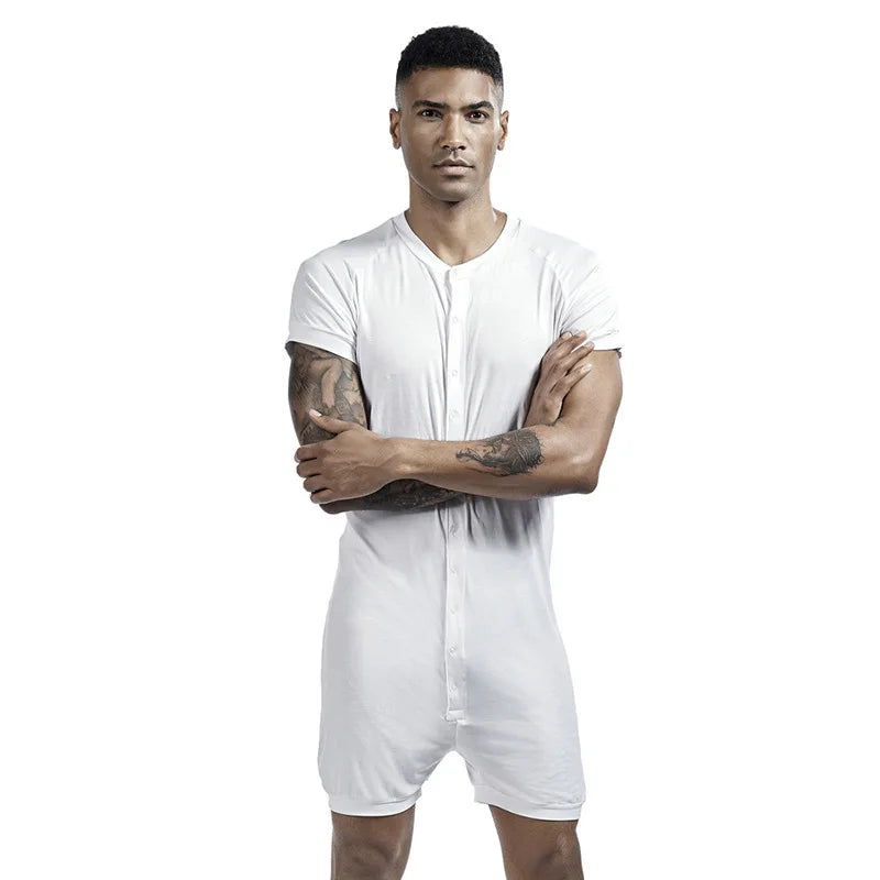 Mens Undershirts Sleepwear Shorts Sleeve Button Causal Loose Jumpsuits Shorts Singlets Bodysuits One-piece Camiseta Plus Size