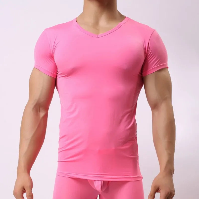 Men Underwear Ultra-thin Ice Silk Transparent Shirts Sleep Bottom Short Sleeves Tops Tee Sleepwear Undershirts Camiseta Interior