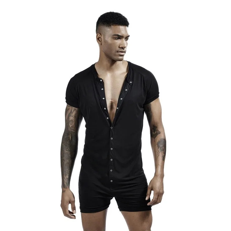Mens Undershirts Sleepwear Shorts Sleeve Button Causal Loose Jumpsuits Shorts Singlets Bodysuits One-piece Camiseta Plus Size