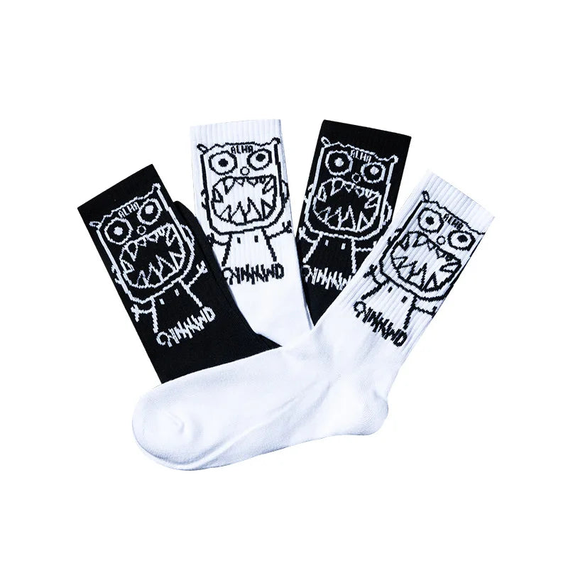 Cartoon Men Print Pattern White Black Hip Hop Breathable Mid Tube Socks Skateboard Short Socks Harajuku Mens Soks Calcetines Sox