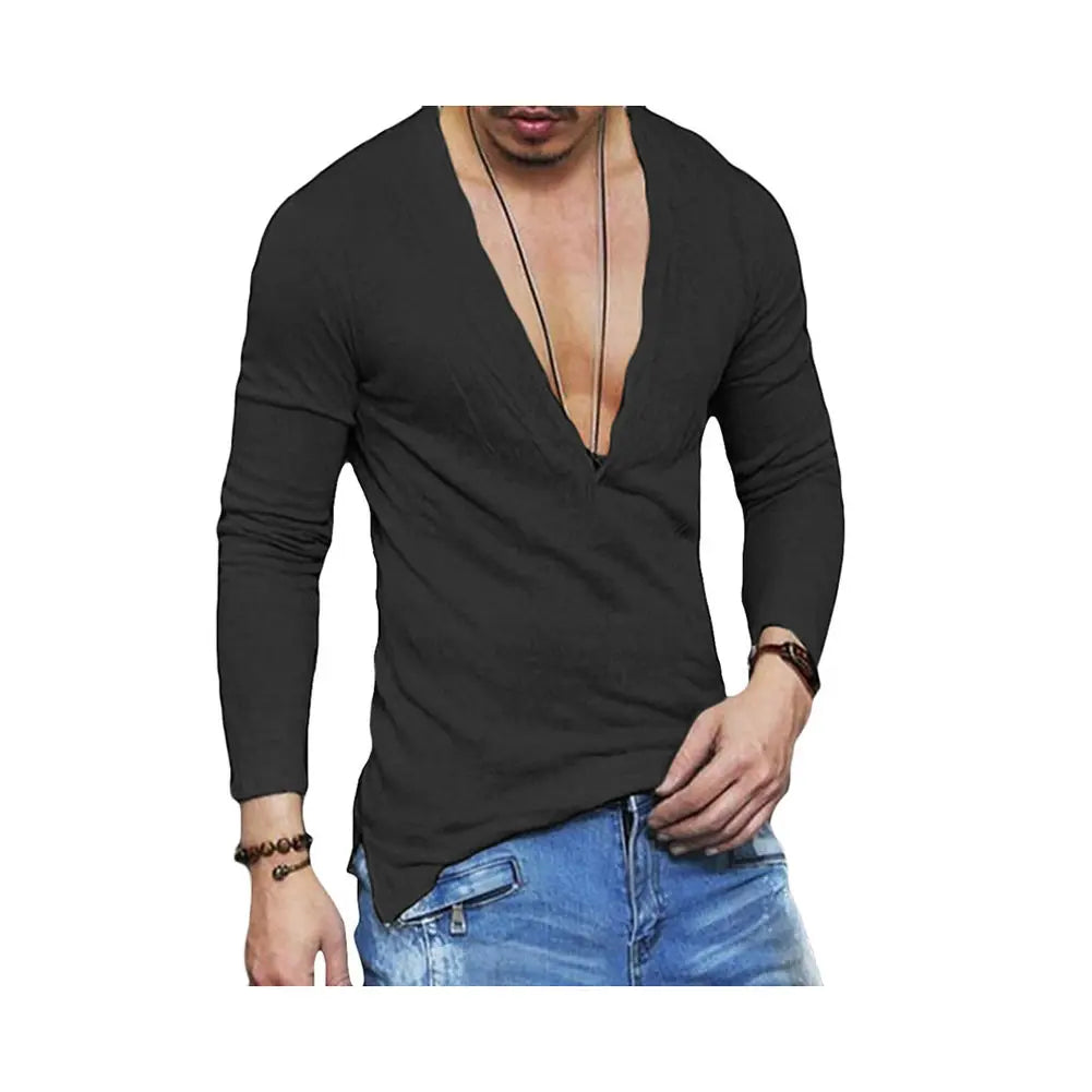 US  2023 Men'S Stock Fashion Casual Slim Men'S Breathable Tops Long-Sleeved Deep V-Neck Sexy Shirt T-Shirt