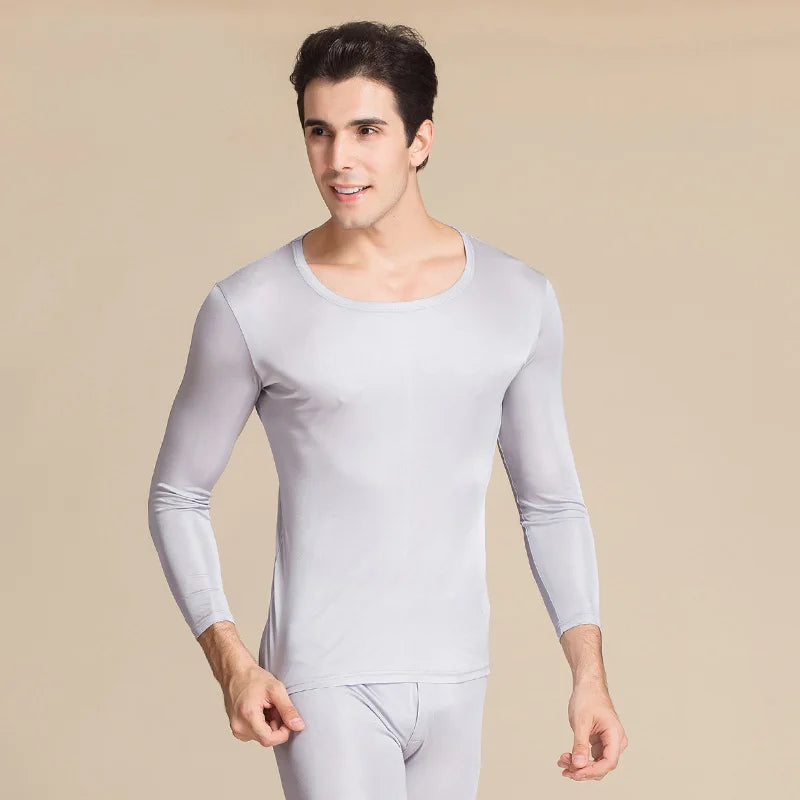 SUYADREAM Brand Men Long Johns Natural Silk Round neck Thermal Underwear