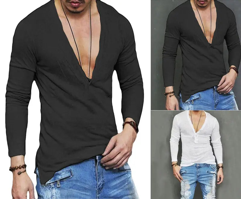 US  2023 Men'S Stock Fashion Casual Slim Men'S Breathable Tops Long-Sleeved Deep V-Neck Sexy Shirt T-Shirt