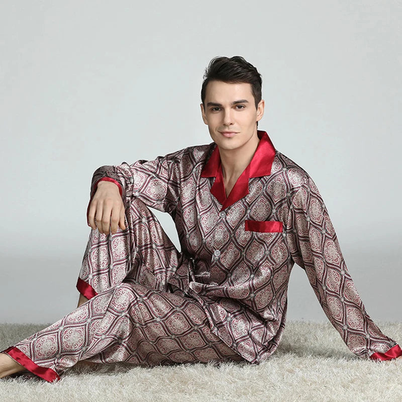 New Men Silk Satin Pajama Sets Long Sleeve Sleepwear Set Two pieces Pijama Pajamas Suit male Breathable Pyjamas Loungewear