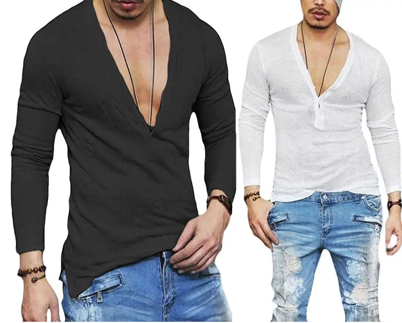 US  2023 Men'S Stock Fashion Casual Slim Men'S Breathable Tops Long-Sleeved Deep V-Neck Sexy Shirt T-Shirt
