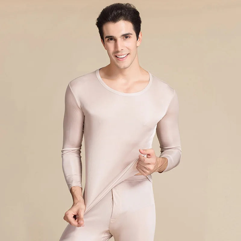 SUYADREAM Brand Men Long Johns Natural Silk Round neck Thermal Underwear