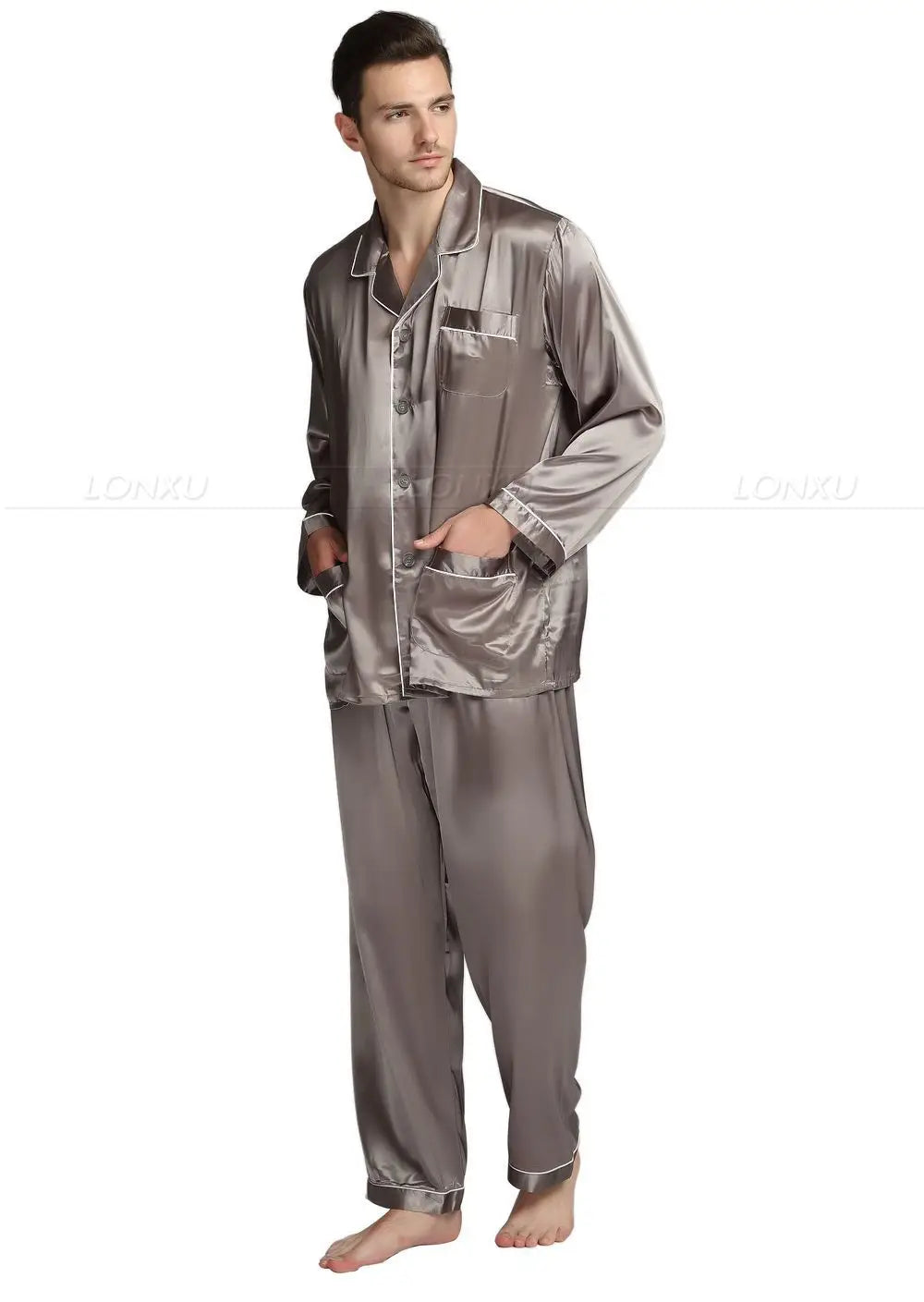 LONXU Men's Silk Satin Pajamas Set Loungewear