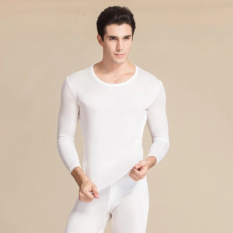 SUYADREAM Brand Men Long Johns Natural Silk Round neck Thermal Underwear