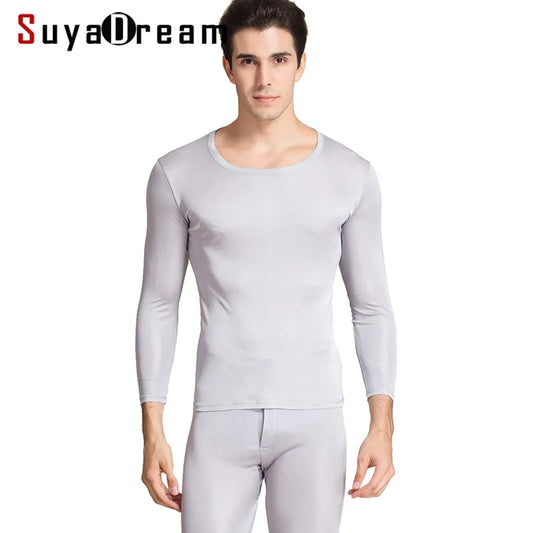 SUYADREAM Brand Men Long Johns Natural Silk Round neck Thermal Underwear