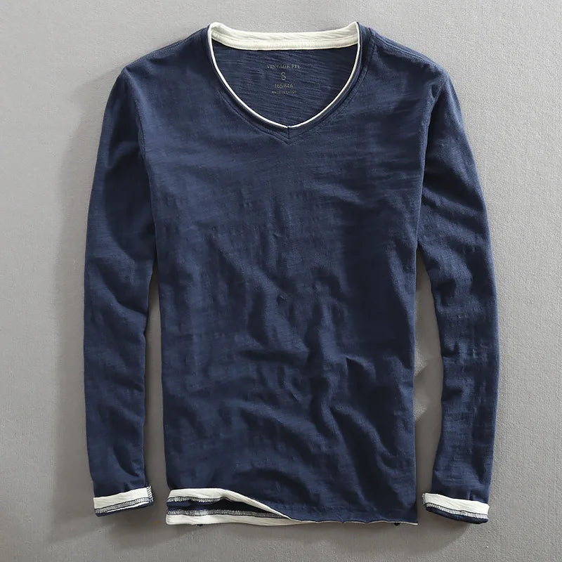 NONE 2026 + Fashion Men's T Shirt Vintage V-Neck Long Sleeve T-Shirt