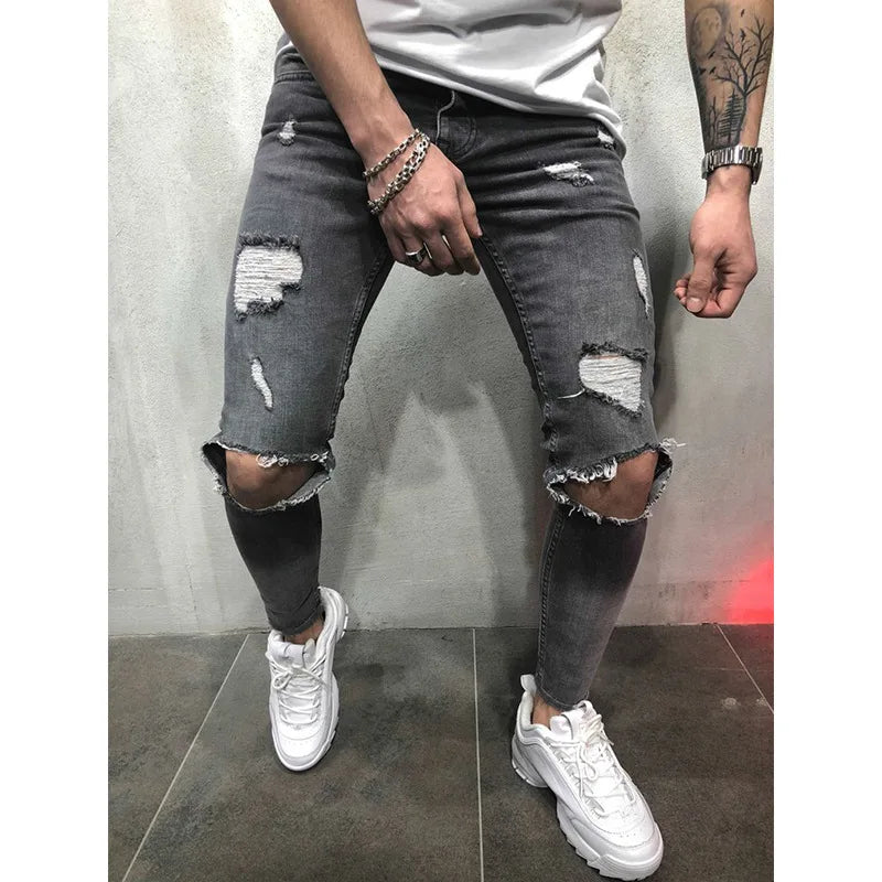 Men's Slim Fit Ripped Jeans in Cotton and Spandex